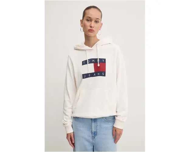 Tommy Jeans hanorac de bumbac femei, culoarea bej, cu gluga, cu imprimeu, DW0DW18654