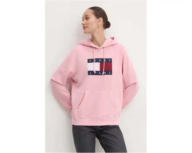 Tommy Jeans hanorac de bumbac femei, culoarea roz, cu gluga, cu imprimeu, DW0DW18654