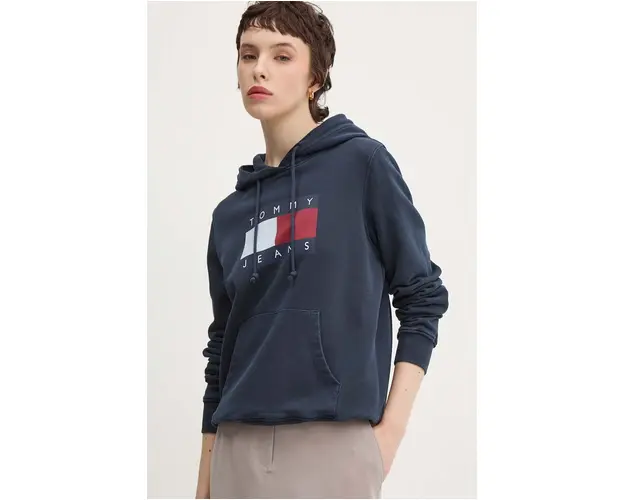 Tommy Jeans hanorac de bumbac femei, culoarea albastru marin, cu gluga, cu imprimeu, DW0DW18654