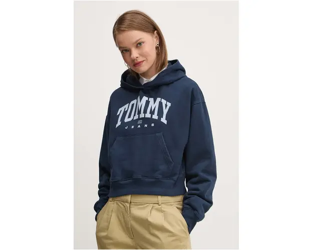 Tommy Jeans hanorac de bumbac femei, culoarea albastru marin, cu gluga, cu imprimeu, DW0DW19291
