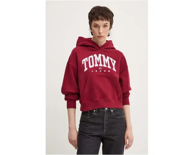 Tommy Jeans hanorac de bumbac femei, culoarea bordo, cu gluga, cu imprimeu, DW0DW19291