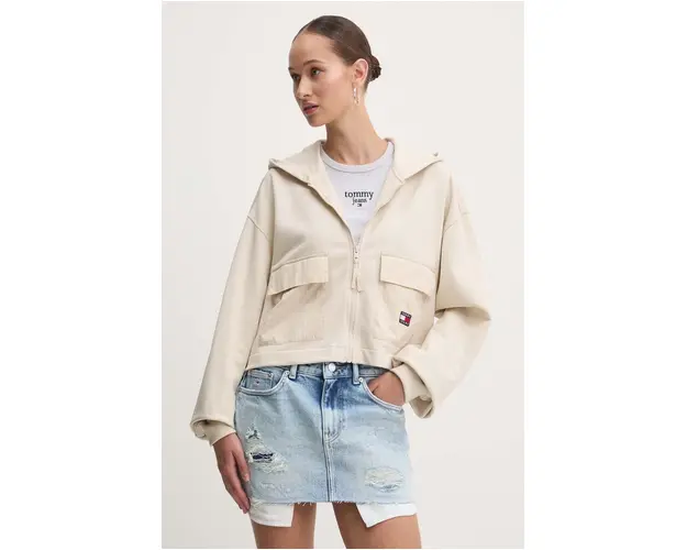 Tommy Jeans hanorac de bumbac femei, culoarea bej, cu gluga, neted, DW0DW18381