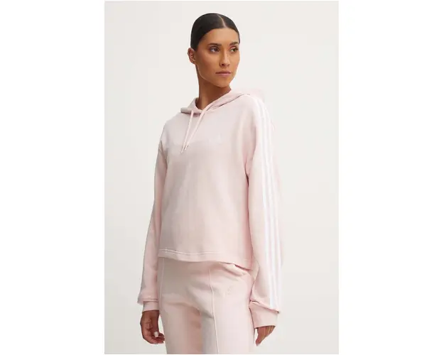 adidas hanorac de bumbac Essentials femei, culoarea roz, cu gluga, cu imprimeu, IY4214