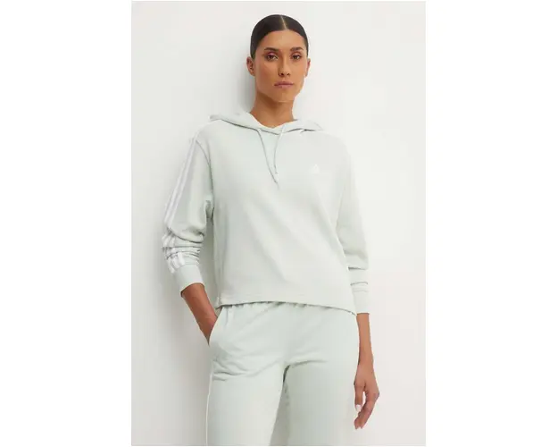 adidas hanorac de bumbac Essentials femei, culoarea verde, cu gluga, cu imprimeu, IY4215