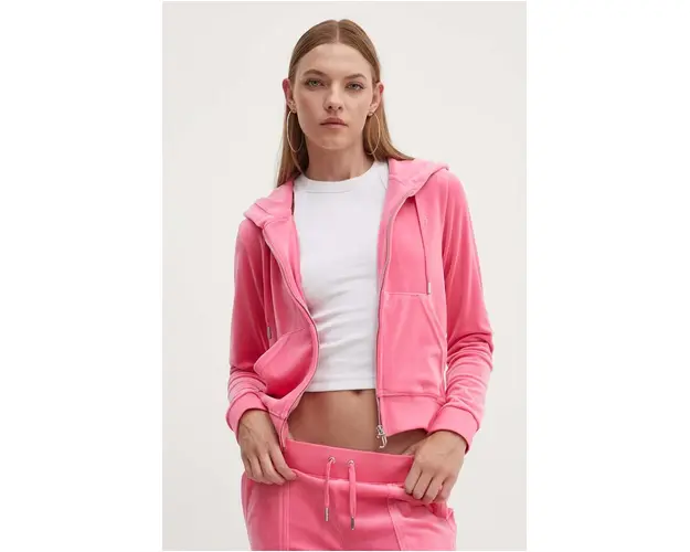 Juicy Couture bluza din velur culoarea roz, cu gluga, neted, JCAP176