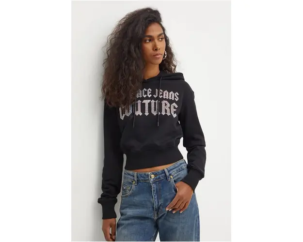 Versace Jeans Couture hanorac de bumbac femei, culoarea negru, cu gluga, cu imprimeu, 77HAIL00 CF00L