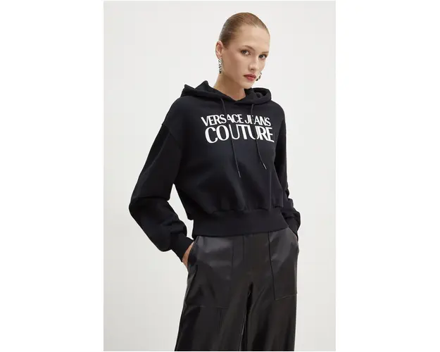 Versace Jeans Couture hanorac de bumbac femei, culoarea negru, cu gluga, cu imprimeu, 77HAIE08 CF00E