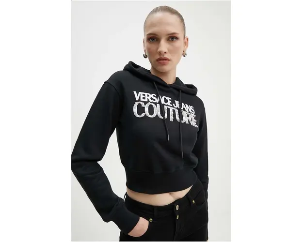 Versace Jeans Couture hanorac de bumbac femei, culoarea negru, cu gluga, cu imprimeu, 77HAIE07 CF00E