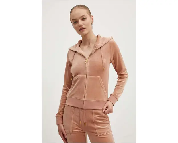 Juicy Couture bluza din velur ROBERTSON GOLD culoarea bej, cu gluga, neted, JCAP176G