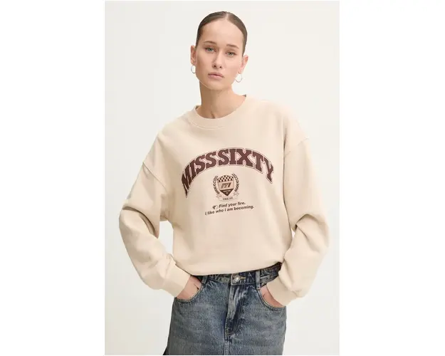 Miss Sixty hanorac de bumbac femei, culoarea bej, cu imprimeu, 6L3TJ5420000