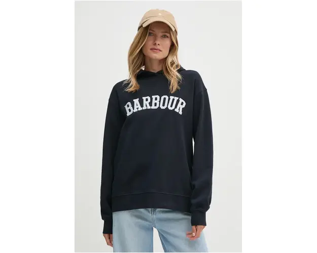 Barbour hanorac de bumbac femei, culoarea albastru marin, cu gluga, cu imprimeu, LOL0592