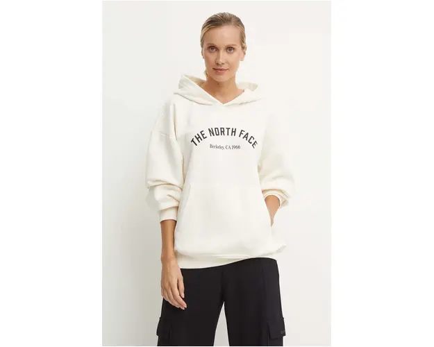 The North Face bluza Hoodie Varsity Graphic femei, culoarea bej, cu gluga, cu imprimeu, NF0A89CSQLI1