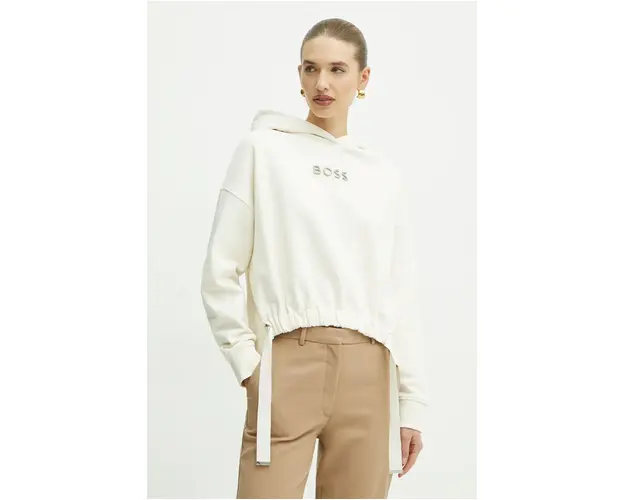 Boss Orange hanorac de bumbac femei, culoarea bej, cu gluga, cu imprimeu, 50528690