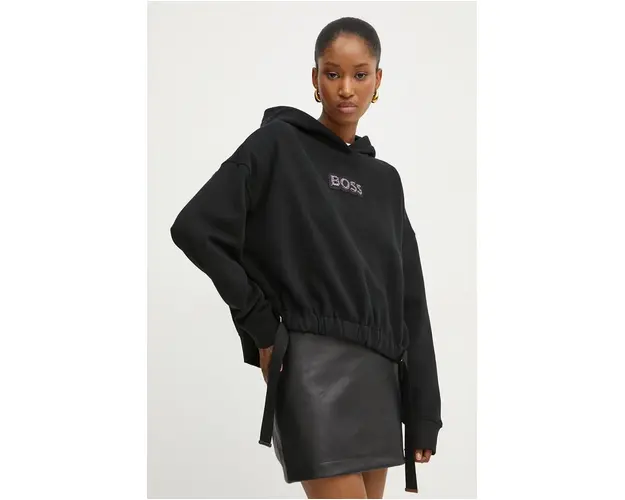 Boss Orange hanorac de bumbac femei, culoarea negru, cu gluga, cu imprimeu, 50528690