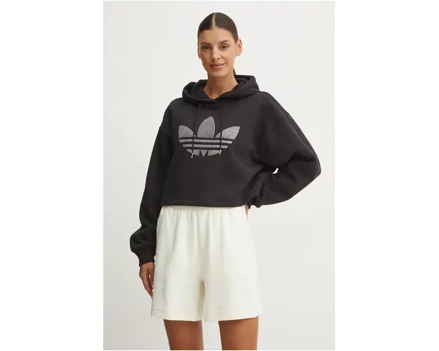adidas Originals bluza Bling Hoodie femei, culoarea negru, cu gluga, cu imprimeu, IW5697