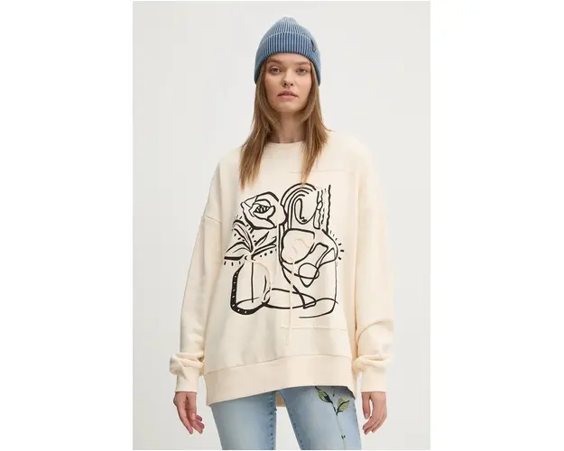 Desigual hanorac de bumbac PATCH femei, culoarea bej, cu imprimeu, 24WWSK06