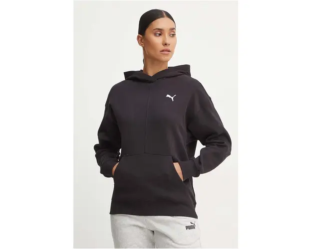 Puma hanorac de bumbac femei, culoarea negru, cu gluga, neted, 682719