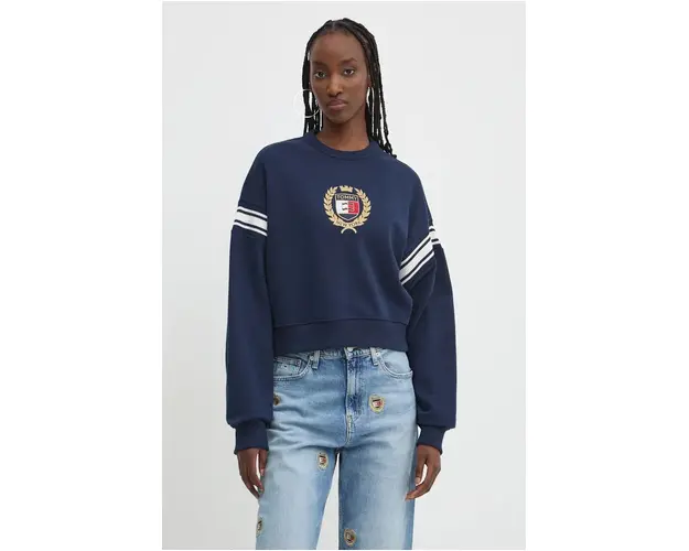 Tommy Jeans hanorac de bumbac femei, culoarea albastru marin, cu imprimeu, DW0DW18772