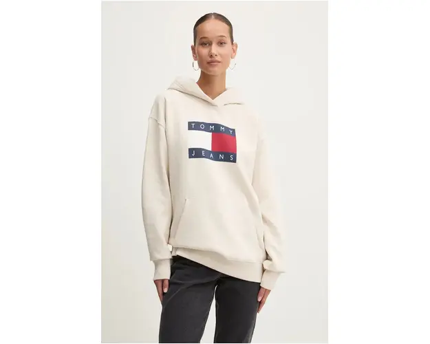 Tommy Jeans bluza femei, culoarea bej, cu gluga, cu imprimeu, DW0DW19047