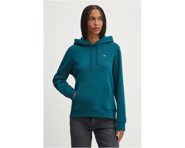 Tommy Jeans bluza femei, culoarea verde, cu gluga, neted, DW0DW19958