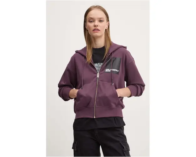 Karl Lagerfeld Jeans bluza femei, culoarea violet, cu gluga, cu imprimeu, 246J1807