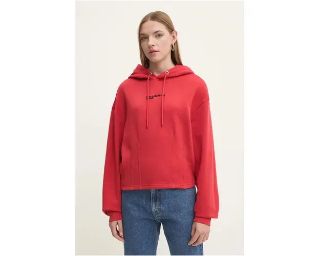 Karl Lagerfeld Jeans bluza femei, culoarea rosu, cu gluga, cu imprimeu, 246J1804