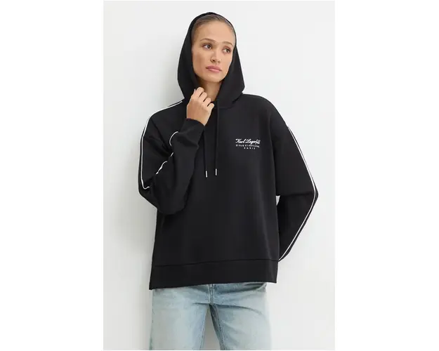 Karl Lagerfeld bluza femei, culoarea negru, cu gluga, cu imprimeu, 246W2109