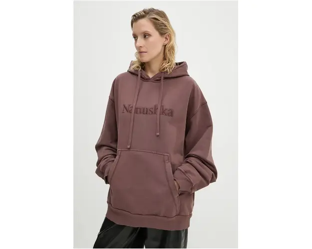 Nanushka hanorac de bumbac EVER femei, culoarea maro, cu gluga, cu imprimeu, NU24PFSH03378