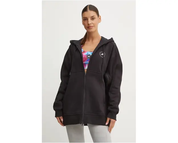 adidas by Stella McCartney bluza femei, culoarea negru, cu gluga, neted, IB6852