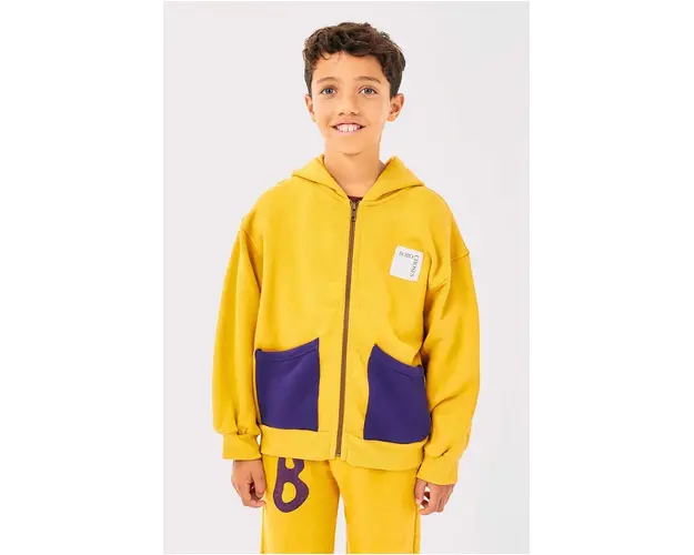 Bobo Choses hanorac de bumbac pentru copii culoarea galben, cu gluga, neted, 224AC062