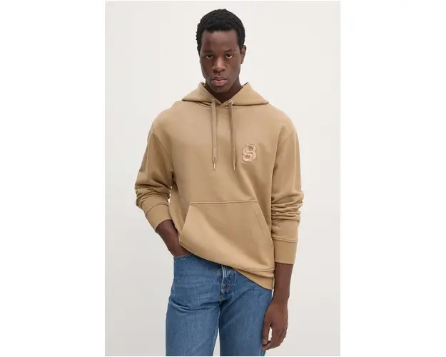 BOSS hanorac de bumbac barbati, culoarea bej, cu gluga, cu imprimeu, 50518762