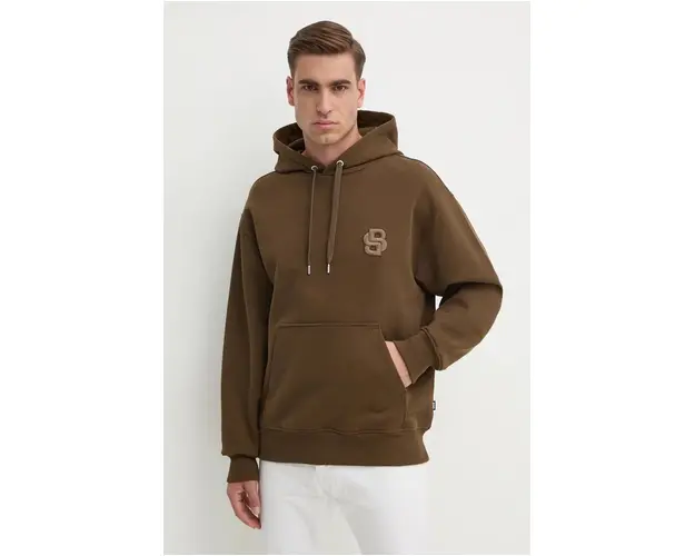 BOSS hanorac de bumbac barbati, culoarea verde, cu gluga, cu imprimeu, 50518762