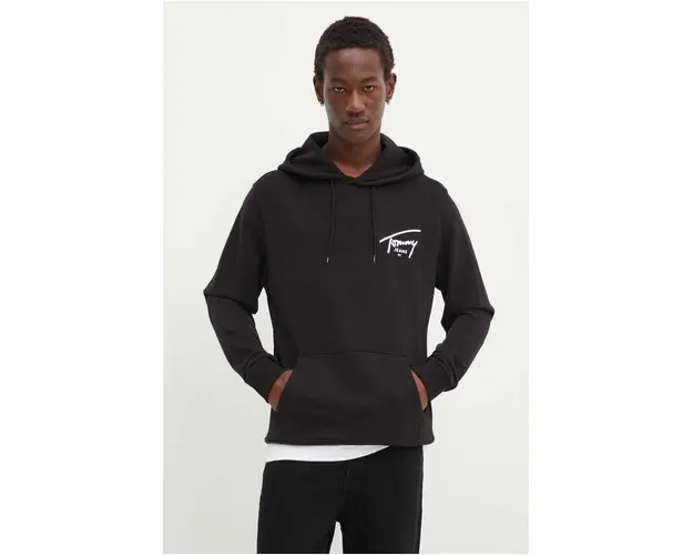 Tommy Jeans hanorac de bumbac barbati, culoarea negru, cu gluga, cu imprimeu, DM0DM19229