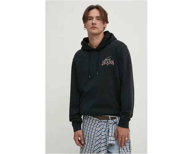 Tommy Jeans hanorac de bumbac barbati, culoarea negru, cu gluga, cu imprimeu, DM0DM19246