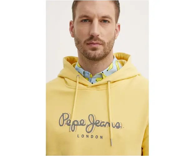 Pepe Jeans hanorac de bumbac SAUL HOODIE barbati, culoarea galben, cu gluga, cu imprimeu, PM582695