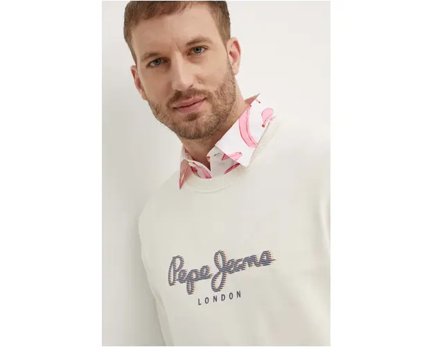 Pepe Jeans hanorac de bumbac SAUL CREW barbati, culoarea bej, cu imprimeu, PM582702