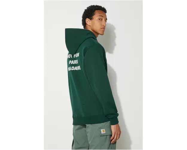 Drôle de Monsieur hanorac de bumbac Le Hoodie Slogan barbati, culoarea verde, cu gluga, cu imprimeu, PERM-HO162-CO127-DGN
