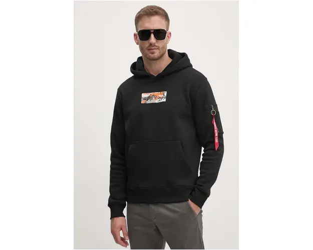 Alpha Industries bluza barbati, culoarea negru, cu gluga, cu imprimeu, 148338