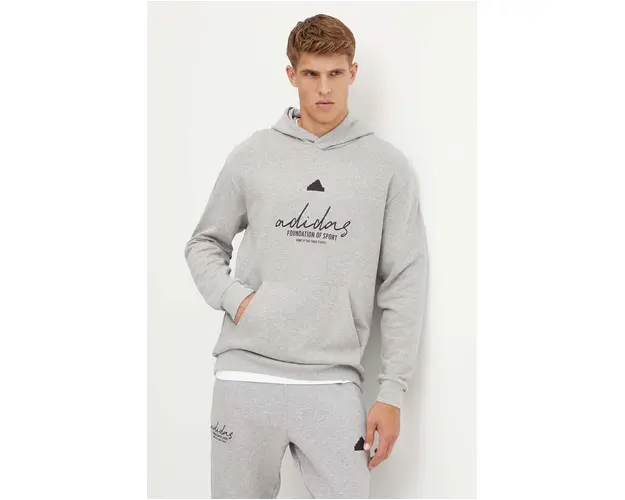 adidas hanorac de bumbac Brand Love barbati, culoarea gri, cu gluga, cu imprimeu, IX1316