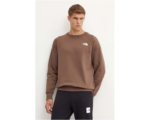 The North Face bluza Raglan Redbox Crew barbati, culoarea maro, cu imprimeu, NF0A89FA1OI1
