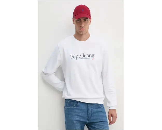 Pepe Jeans hanorac de bumbac SEAN barbati, culoarea alb, cu imprimeu, PM582699