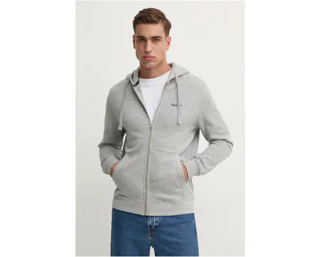 Pepe Jeans hanorac de bumbac NEW JOE ZIP barbati, culoarea gri, cu gluga, cu imprimeu, PM582717