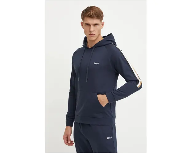 BOSS hanorac de bumbac barbati, culoarea albastru marin, cu gluga, cu imprimeu, 50527559