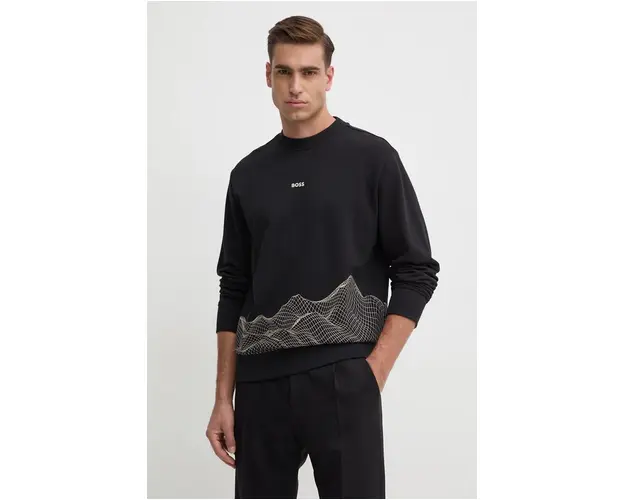 Boss Orange hanorac de bumbac barbati, culoarea negru, cu imprimeu, 50528572