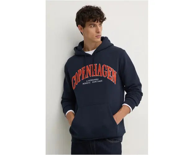 Lindbergh bluza barbati, culoarea albastru marin, cu gluga, cu imprimeu, 30-705170