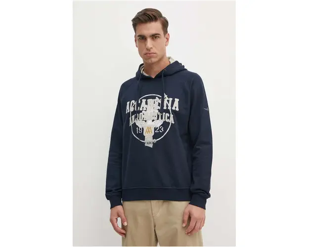 Aeronautica Militare hanorac de bumbac barbati, culoarea albastru marin, cu gluga, cu imprimeu, FE1928F511
