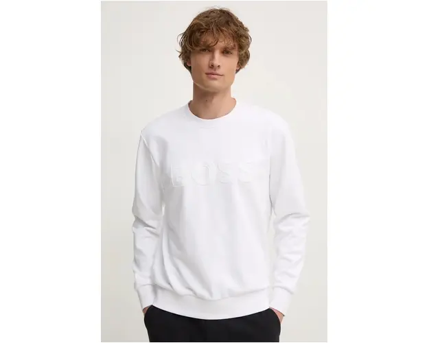 BOSS hanorac de bumbac barbati, culoarea alb, cu imprimeu, 50524360