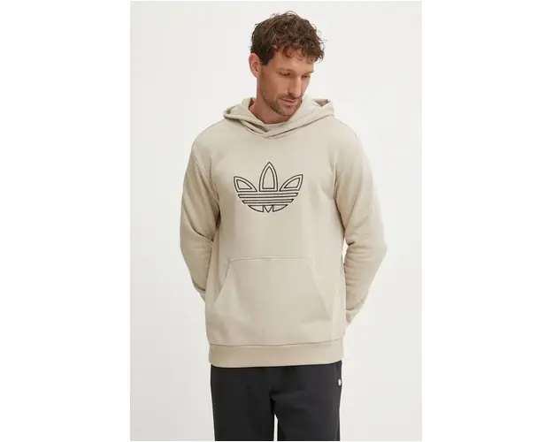 adidas Originals hanorac de bumbac Outline Hoodie barbati, culoarea bej, cu gluga, cu imprimeu, JJ1505