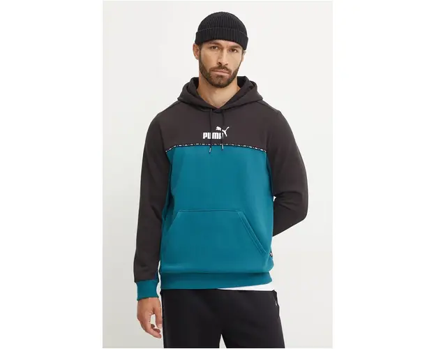 Puma bluza ESS BLOCK x TAPE barbati, culoarea verde, cu gluga, modelator, 673342