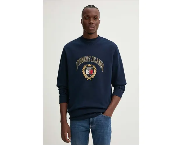 Tommy Jeans hanorac de bumbac barbati, culoarea albastru marin, cu imprimeu, DM0DM19755